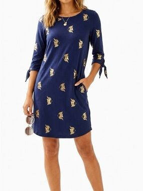 Lilly Pulitzer Preston Dress Navy Gold Fish Foil XXS